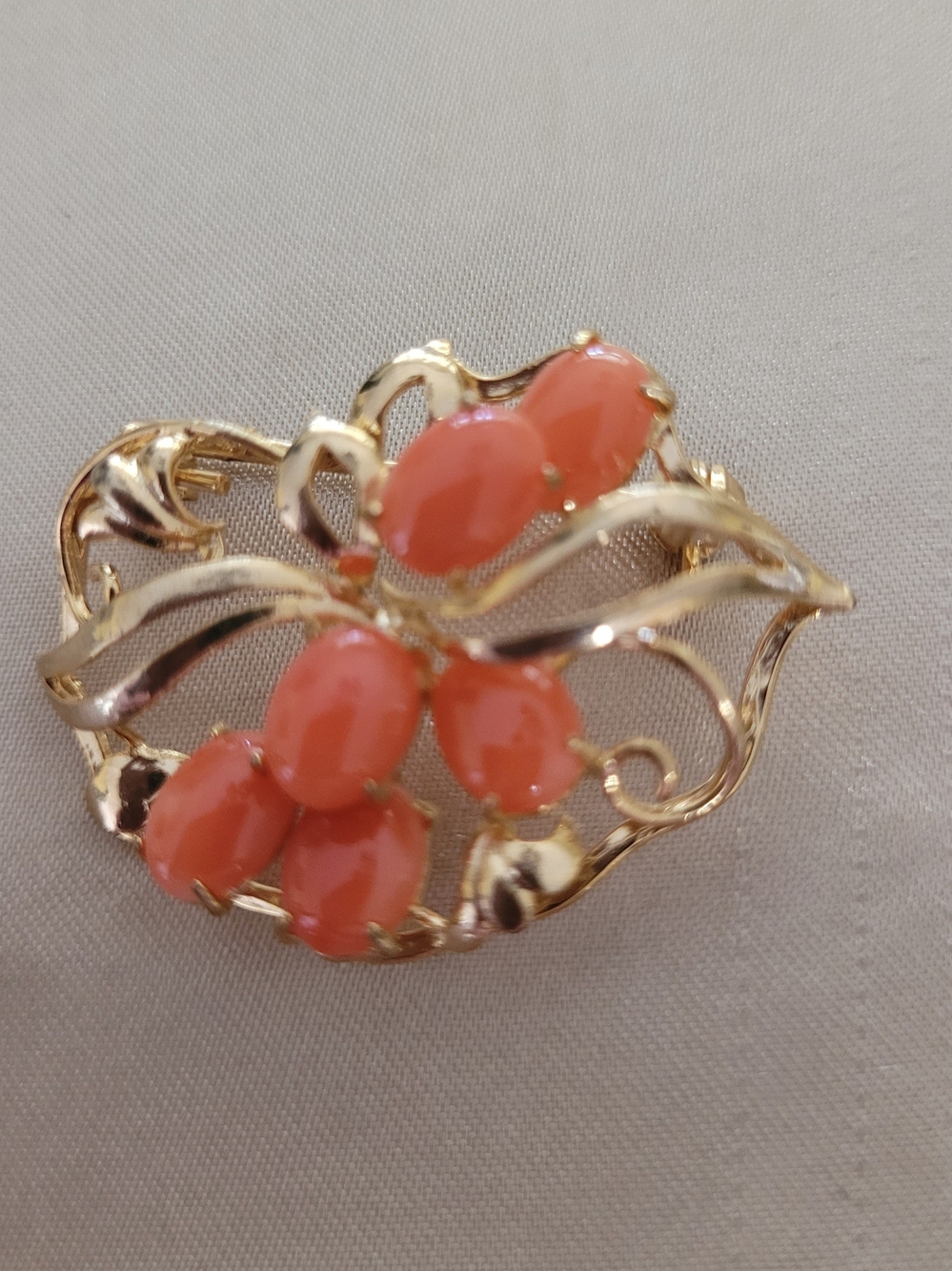 1950s-1960s Gold Floral Brooch with Coral Pink Cabochons